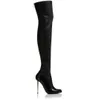 겨울 신제품 가죽 / 스웨이드 섹시한 여성용 무릎 부츠 Metallic Thin High Heels 백 지퍼 여성용 부츠 Black Botas