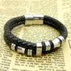 Two-tone Black Genuine Leather With Stainless Steel Mens Chain Bracelet Bangle 8.26 inch