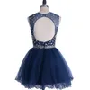 Latest Navy Blue Cocktail Dresses Crystal Bateau Beading Short Mini Tulle Ball Gown Ruched Homecoming Dress 2022Charming Beach Party Gowns