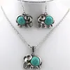 Elefantes de bebé europeos y estadounidenses Conjuntos de joyas Pendientes colgantes de piedra verde turquesa de 2 piezas y collar largo 5 sets / lote