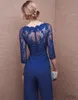 2019 Royal Blue Plus Size Mother of Bride Pant Suit 3/4 Lace Sleeve Mother Jumpsuit Chiffon Cocktail Party Evening Dresses Custom Made 119