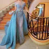 Zuhair Murad Light Sky Blue Night Dress Fashion Design Apliques de renda curta Vestidos de noite de manga curta 2017 Charming Prom P5075711