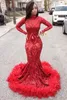 2020 NYA SEXY RED PROM Dresses High Neck Sequined Spets långa ärmar sjöjungfru paljetter Feather Sweep Train Party Dress Formal Evening321R