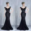 Tony Chaaya 2019 Black Mermaid Prom Dresses Cap Sleeve Profondo scollo a V Abito con applicazioni di pizzo Abiti da sera Deep Sweep Train Abiti formali