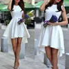 2020 High Low White Prom Dresses Satin Scoop Zipper Up Party Dresses Evening Cocktail Bridesmaid Homecoming Gowns