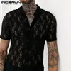 Incerun sommarmän spetsskjorta fast färg transparent kort ärm lapel fest nattklubb skjortor män casual smal mesh camisa 20204444544