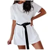 Summer Women039s Robe Fashion Tshirt lâche avec ceinture Couleur solide Home Sports Tshirt Robe Grils pour femmes 2020 New2580392