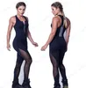 2020 Sexig Svart Mesh Patchwork Jumpsuit Bodycon Fitness Gym Jumpsuits Leggings Deep V Neck Zipper Bodysuit Sträckliga Kvinnors Playsuits Bra