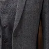 Mens Dois Botões de Lã De Lã Tweed Terno Jaqueta Colete Calça 3 PCS Cinza Escuro Custom Made Ternos Formais Do Casamento Smoking Homens De Negócios