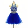 2020 Royal Blue 2 Piece Graduation Sukienka Homecoming Short Tulle Zroszony Kryształ Rurociągi Halter Backless Prom Dress Mini Juniors Suknie wieczorowe