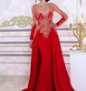 Arabische rote lange Ärmel Meerjungfrau Abendkleider Chiffon Bateau mit abnehmbarem Rock Spitze Perlen Pailletten Kaftan formelle Frauen Partykleid