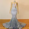 Sexy Sequined Prom Dresses High Neck Beaded Collar Appliques Beads Mermaid Evening Dress African Women Spring Summer Backless Party Gowns