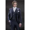 New Morning Style One Button Blu navy Smoking da sposo Sposo bavero Groomsmen Uomo Abiti Prom Blazer (Giacca + Pantaloni + Vest + Tie) 072