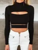 Sexy Frauen Langarm Cut Out T Shirts Crop Tops Clubwear Mode Damen Sommer Heißer Baumwolle Schwarz Aushöhlen Löcher t-shirt Heißer