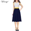 Vfemage Women Notch V Neck ColorBlock Patchwork Pockets Pleated Work Office Business Casual Party Flare A-Line Skater Dress 1031