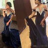 2020 Royal Blue Velvet Prom fora do ombro Lace Applique Pluning V Neck Varrer Train Mermaid Africano Vestido de Noite VESTIDO DE NOCHE