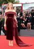 Burgundy Velvet Red Carpet Celebrity Dresses 2019 Off Shoulder Tea-length Mermaid Arabic Qatar Occasion Prom Dress with Ribbon