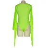 Kvinnor mode scenen bär gudinna TASSLE fransar bodysuits fluorescerande neongrön en bit bodysuits kvinnor sexig o-hals mesh hollow250r