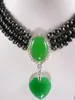 Gratis frakt +3 7-8mm Svart Pearl Necklace Green Jade Pendant 17-19 ''