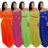 Vrouwen zomer off schouder jurk set sexy zien door twee stukken sets oranje strapless lange mouw losse tops tee lange rok pak ljja2830