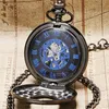 Steampunk Black Roman Number Cover Watches Unisex Skeleton Hand Winding Mechanical Pocket Watch Pendant Chain for Men Women Gift