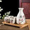 Japanese Sake Set Ceramic Drinkware with 1 Decanter 4 Cups Black Chinese Calligraphy and Red Plum Blossom Pattern Asian Wine Gifts