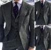 Mannen Grijze Herringbone Wol Suits 3 Stuk Tweed Blend Vintage Peaky Blinder Groom Dress Tuxedos Prom Pak (jas + broek + vest)