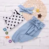 Kids Clothes Baby Girls Dot Cowboy High Waist Clothing Sets Summer Vest Bowknot Pants Headband Suit Child Top Ruffle Trouser Hairband AYP549