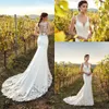 Boho Lace Mermaid Wedding Dresses V-Neck Tulle Appliques Custom Made Bohemian Gowns Sweep Train Bride Dresses With Buttons