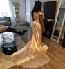 Afrikansk Satin sjöjungfru av axelbrudtärna klänningar Zipper Tillbaka 2019 Guld Lång bröllopsfest Gästklänning Butjungfernkleid