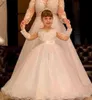 New Cheap Princess Flower Girls Dresses Lace Appliques Crystal Beaded Tulle Long Sleeves Floor Length Sash Birthday Child Girl Pageant Gowns