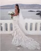 2020 Sexy Backless Sereia Beach Vestidos De Noiva V-Pescoço 3D Lace Applique Swewer Trompete Steven Khalil Jardim Vestido De Noiva Nupcial