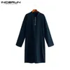 Incerun Casual Men Shirt Bomull Långärmad Stativ Krage Vintage Solid Stitched Long Tops Indian Kurta Suit Pakistani Shirt 5XL