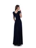 Navy Blue V collo pieno lunghezza chiffon modesti abiti da sposa con maniche a balze e arruffati attraversato corsetto posteriore scollo drappeggiato