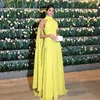 Chiffon Ruched High Neck Evening Dresses Dubai Arabic Cape Long Sleeves Yellow Formal Prom Dress Vestido De Festa Kaftans
