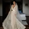 Brillant Une Ligne Robe De Mariée En Or Clair Manches Longues Col En V Paillettes Robes De Mariée Dos Nu Robe De Novia2167