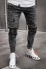 Nieuwe heren jeans lange potlood broek fasion rits zwarte broek elastische gaten gewassen gescheurde S-3XL