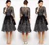 New Short Black Mother Of The Bride Dresses Lace Appliques Long Sleeves Knee Length Illusion Wedding Guest Prom Tail Evening Gown