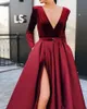 Long Sleeves Evening Dresses Velvet 2020 V-neck Winter Women Formal Gowns Burgundy Satin Party prom Dress Side Slit