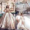 Arabic Luxury Satin Ball Gown Wedding Dresses V Neck Illusion Long Sleeves Lace Applique Chapel Train Wedding Bridal Gowns BC1383