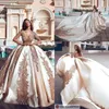 Arabic Luxury Satin Ball Gown Wedding Dresses V Neck Illusion Long Sleeves Lace Applique Chapel Train Wedding Bridal Gowns BC1383