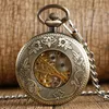 Steampunk Bronze Hollow Out Cute Little Goldfish Cover Handwind Mechanical Pocket Watch FOB Skeleton Clock Pendant Chain to Men Wo282H