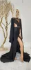 Unique Design Black Prom Dresses Sheer Beads Jewel Neck Long Sleeve Evening Gowns Sexy Front Split Cutaway Sides Runway Fashion Dress