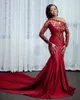 Dark Red Sequined Mermaid Evening Dresses Long Sleeves One Shoulder Plus Size Prom Gowns Appliqued Satin Sweep Train Formal Dress 407