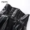 FQLWL Ruffles Lace Up Faux PU Deri Etekler Bayan Yüksek Bel Bandaj Mini Etek Siyah Kısa Pileli Kulübü Seksi Etek Kadın Y19042602
