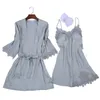 Высокое качество Шелковый сатин Nightdress наборы Женщины Nightgown + Robe 2 шт Sexy Sleepwear Женщины Pink Night платье Главная Wear