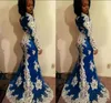 2020 New Arrival Royal Blue Prom Sukienki Białe Koronkowe Aplikacje Mermaid Illusion Plus Size African Black Girl Dress Nosić Suknie Party