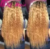 Fashion Long Kinky Curly Lace Front Pärlor Ombre Blond Färg Gluvlös Syntetisk Lace Paryk för Kvinnor Värmebeständig Fiber Hår Full Densitet