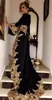 ゴールドレースのアップリケマスリムのイブニングドレスは長袖Vネック2019フォーマルセレブガウンハイスプリットサウジアラビアブラックウエディングドレス
