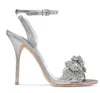 Vente chaude-chic satin satin clair cristal strap strass femme sandales fleur haute sandales d'été talon aiguille